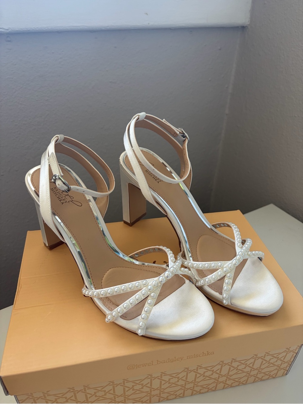 Badgley Mischka Pearl-Strap Ivory Block Heel Sandals